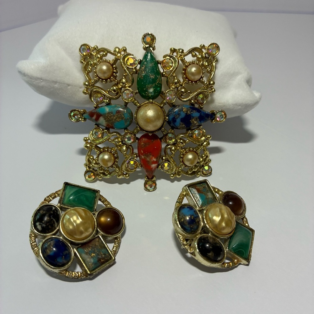 Vintage Sarah Coventry Elegant Multicolor Brooch & Earring Set